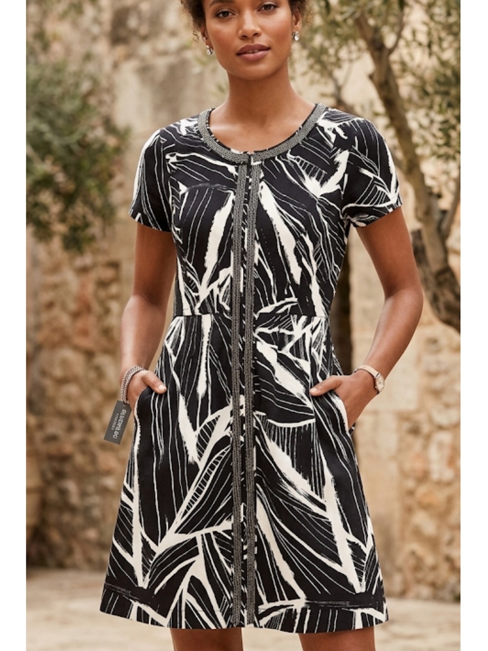Alfani Festival Ready Black and Cream  Printed Beaded‎ Trim  Dress